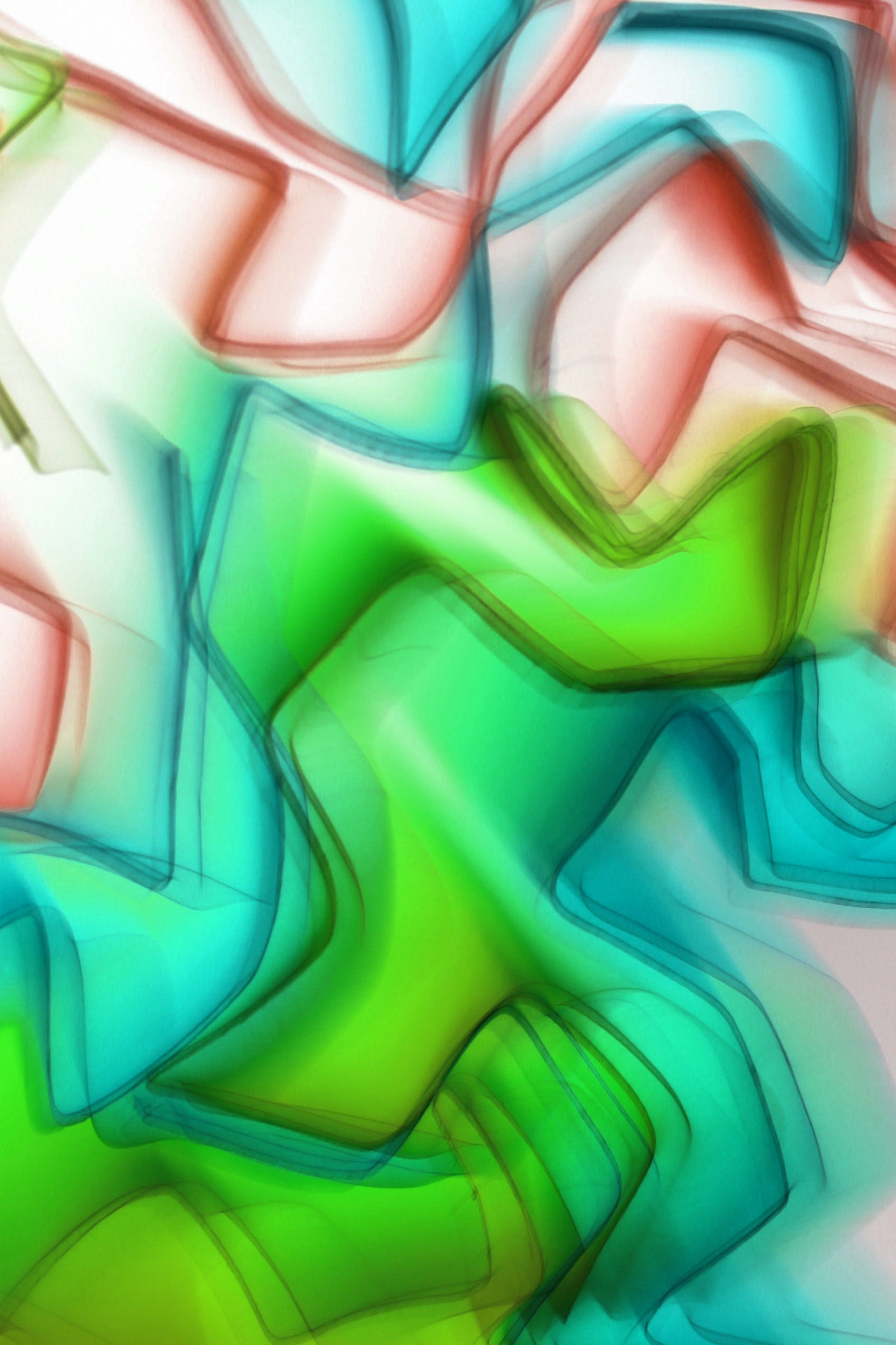 Vibrant abstract art with green, blue, and red wave-like patterns.
