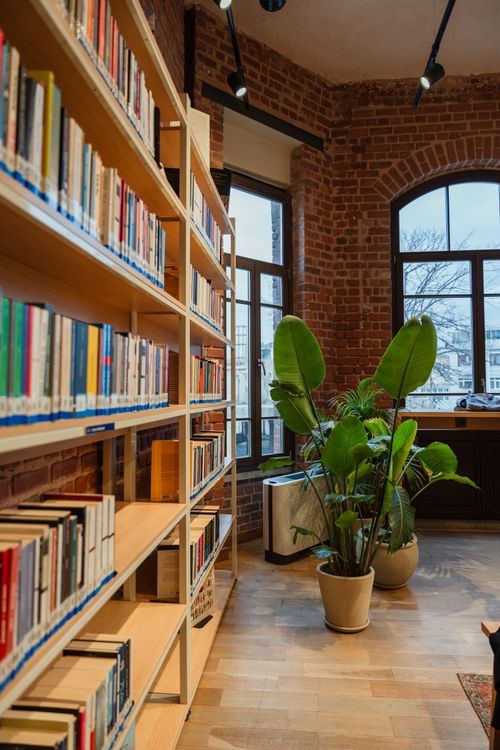 Free Inviting library setting with full bookshelves and a warm brick wall backdrop. Stock Photo