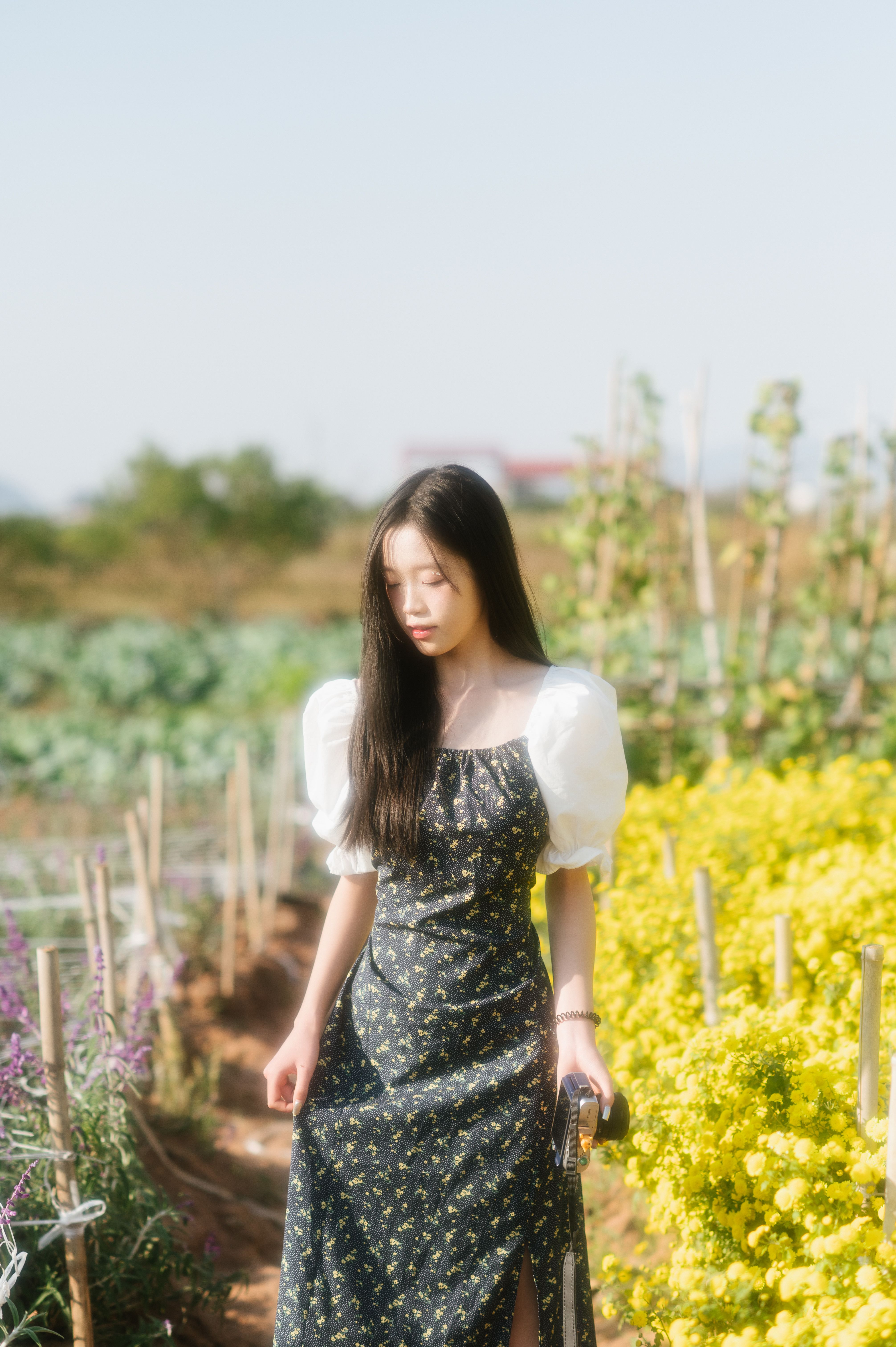 Young Woman in Floral Dress Walking in Lush Garden · Free Stock Photo