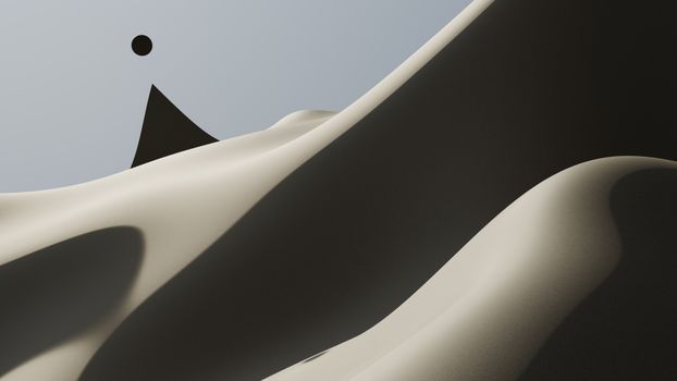 Surreal abstract scene with smooth curves and geometric shapes in muted colors.