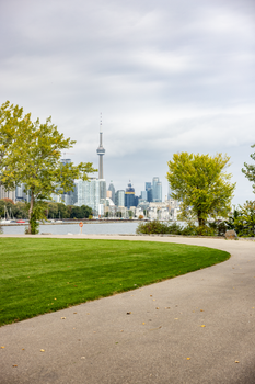 A scenic view of Toronto's skyline with CN Tower from a park in autumn.