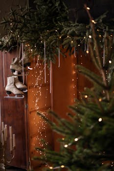 Cozy winter scene featuring ice skates with warm lighting and Christmas greenery.