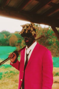 Stylish man in a vibrant pink suit holding a samurai sword outdoors.