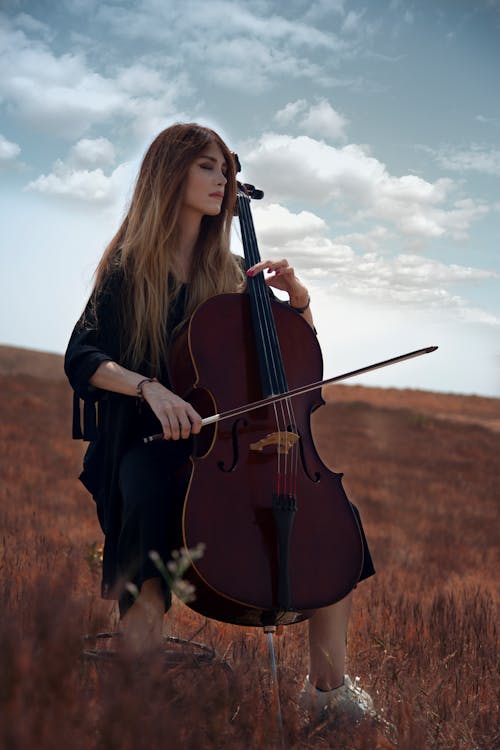 Free Woman in Black Playing Cello on Whitfield Stock Photo
