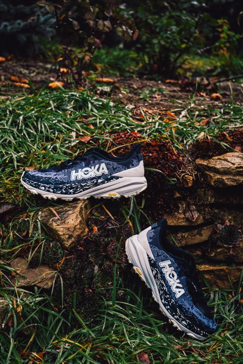 Free Athletic running shoes on a rocky grassy terrain, perfect for outdoor sports imagery. Stock Photo