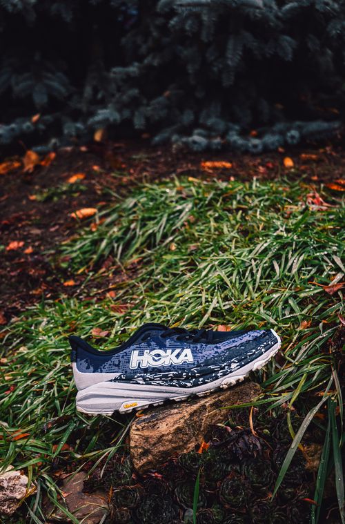 Free Outdoor trail running shoe resting on a rock surrounded by lush greenery. Stock Photo