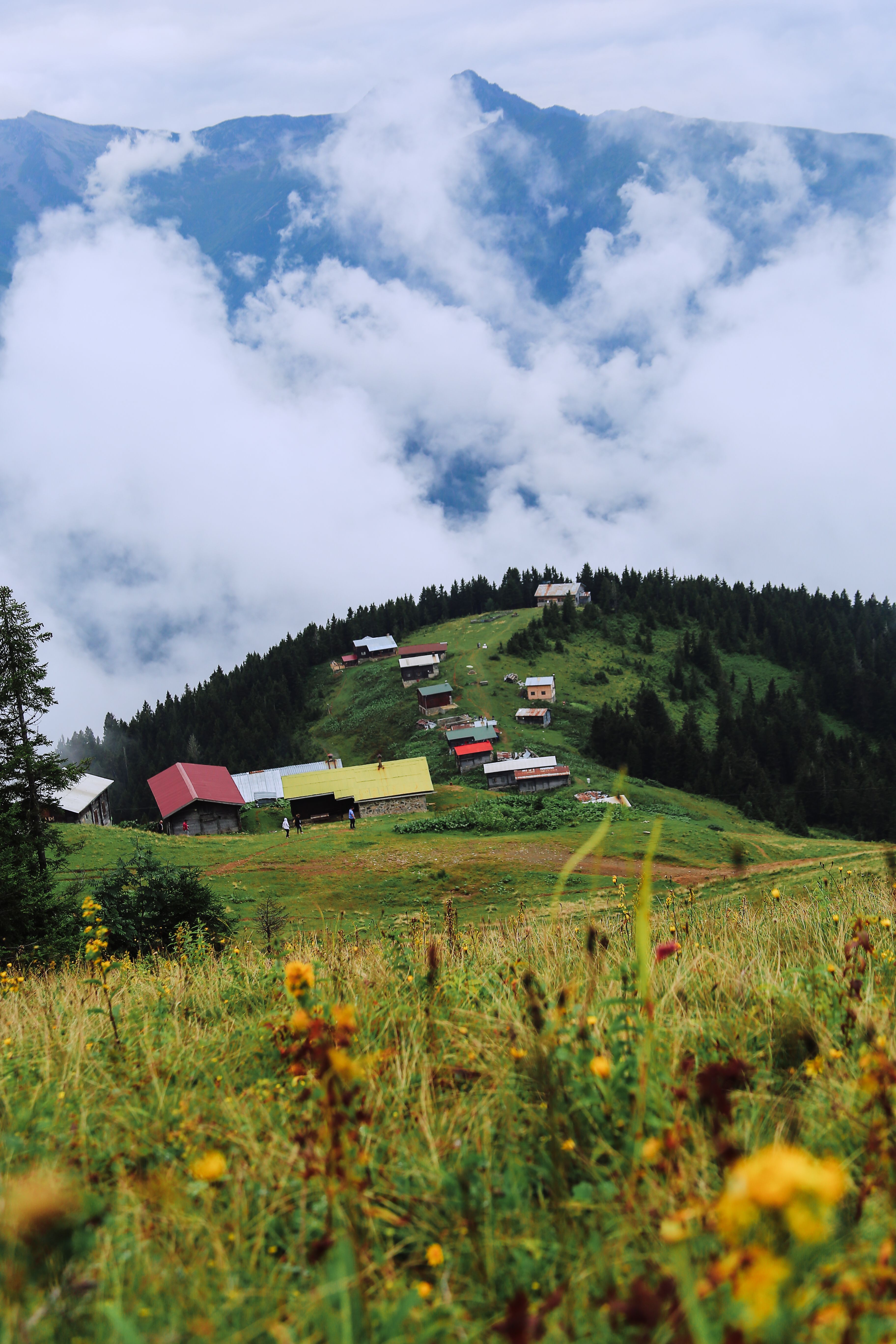 Scenic view of a quaint mountain village surrounded by lush greenery and clouds.
