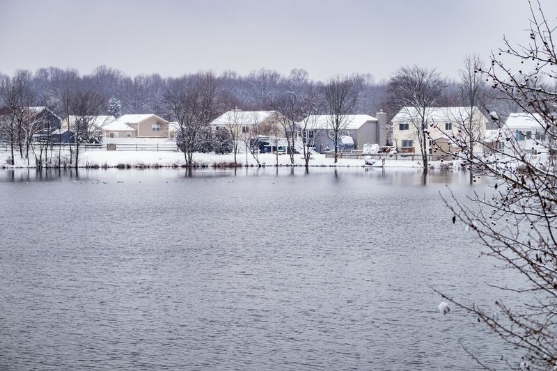 Quiet suburban Maryland neighbourhood beside a calm pond near Bethesda