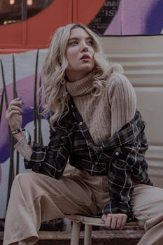 这位年轻时尚的女子，身着融合了高级时装与休闲风格的服装