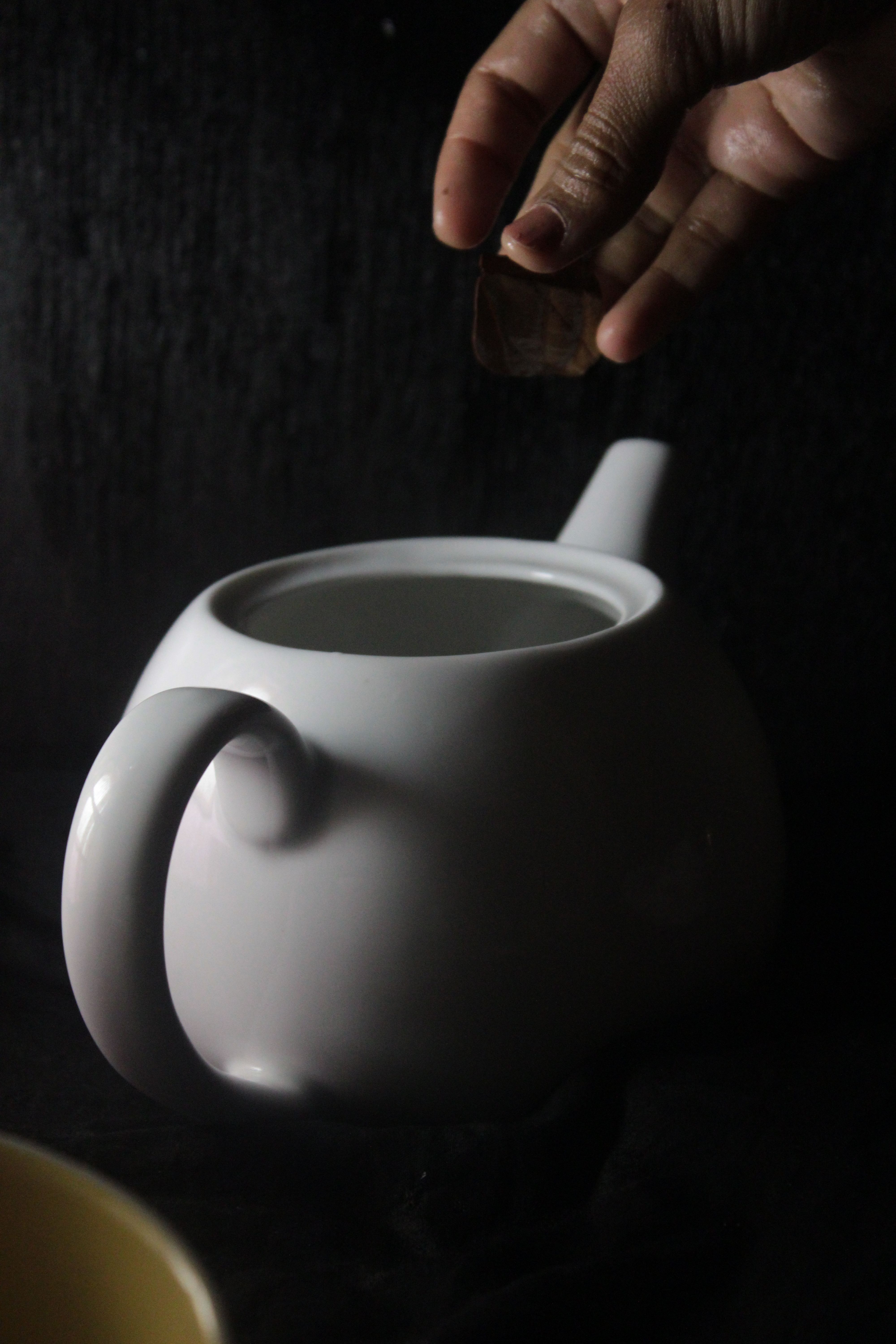 Hand Placing Tea Bag into White Ceramic Teapot · Free Stock Photo