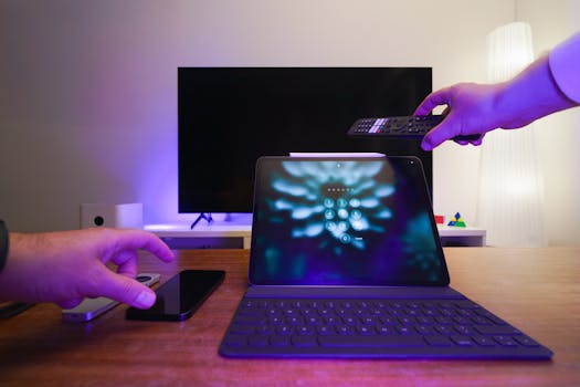 A living room setup featuring a tablet, smartphone, and TV with remote control.