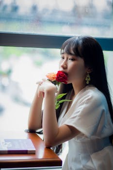 一位白衣年轻女子手持玫瑰立于窗前，在室内感受着宁静