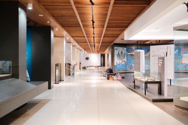 Bright museum hallway with exhibits and visitors
