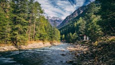 印度卡索尔河蜿蜒穿过针叶林，背景是连绵的山脉