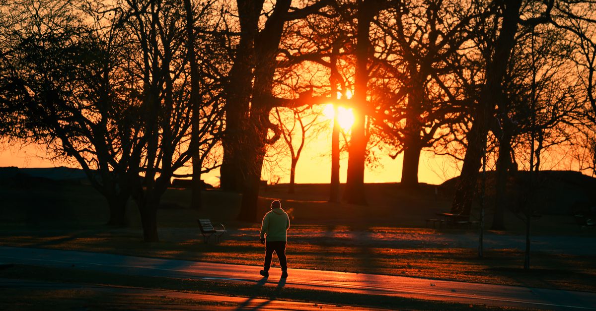 Persoon die tijdens een rustig ochtendmoment wandelt in een park