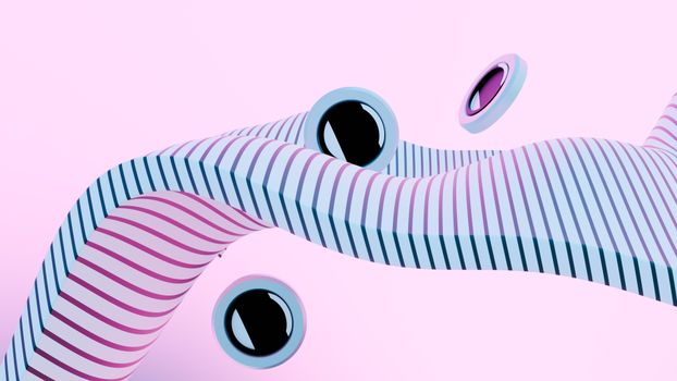 A digital abstract art with wavy striped shapes and floating orbs in pastel colors.