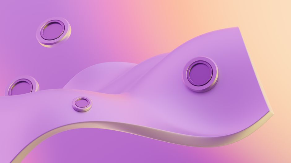 A 3D abstract design featuring pastel purple waves and circular elements on a creamy background.