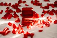 Gold rings in a red box surrounded by rose petals, symbolizing love and romance.