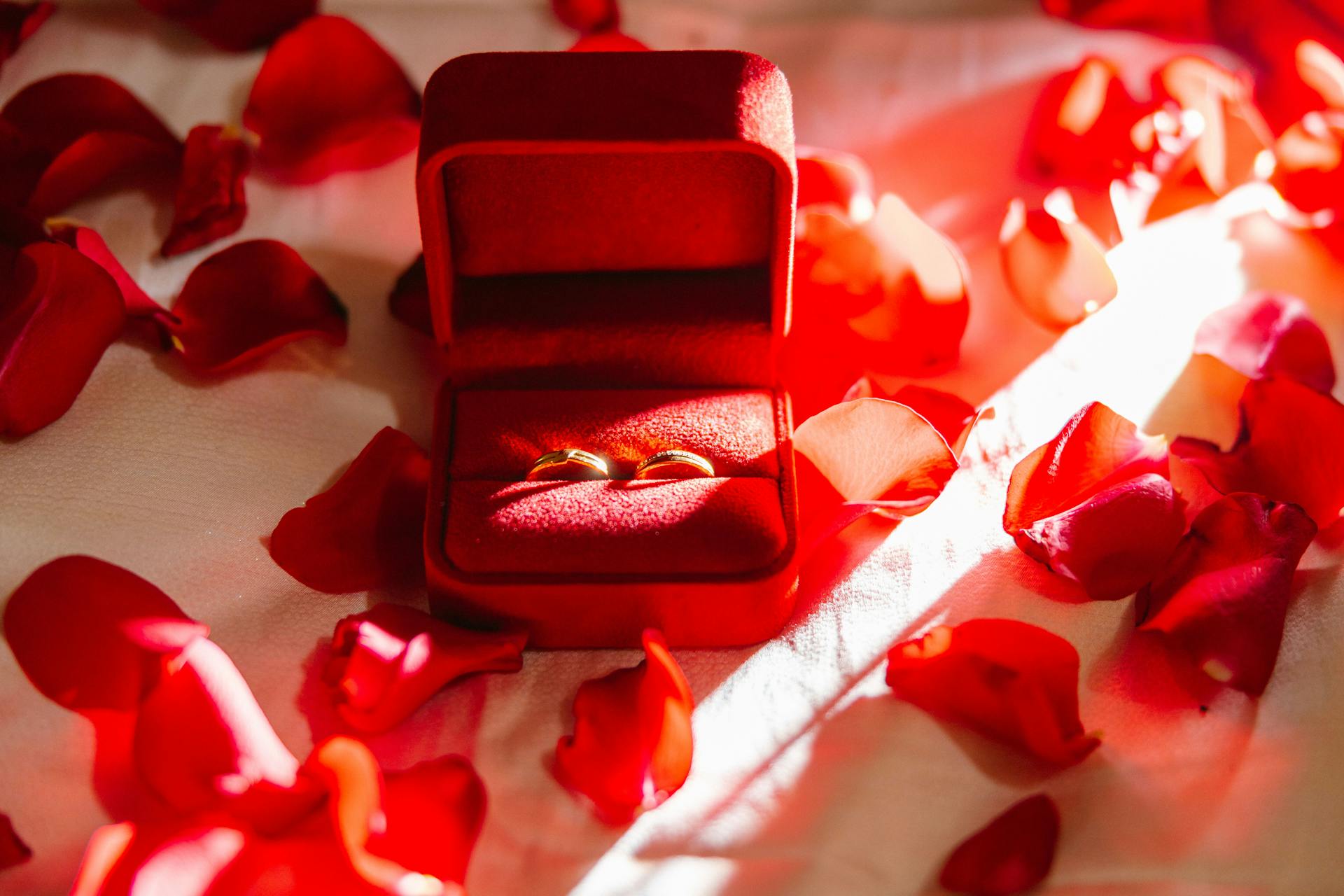 A pair of golden wedding rings in a red jewelry box surrounded by red rose petals, symbolizing love and romance.