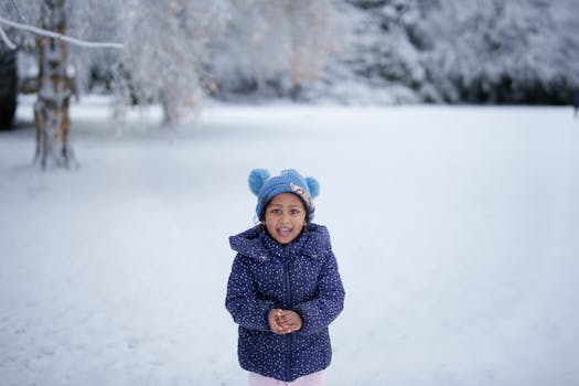 A joyful child standing in a snowy landscape wearing a blue jacket and hat.