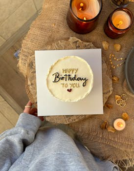 Top view of a birthday cake with lit candles and cozy decor, perfect for celebrations.