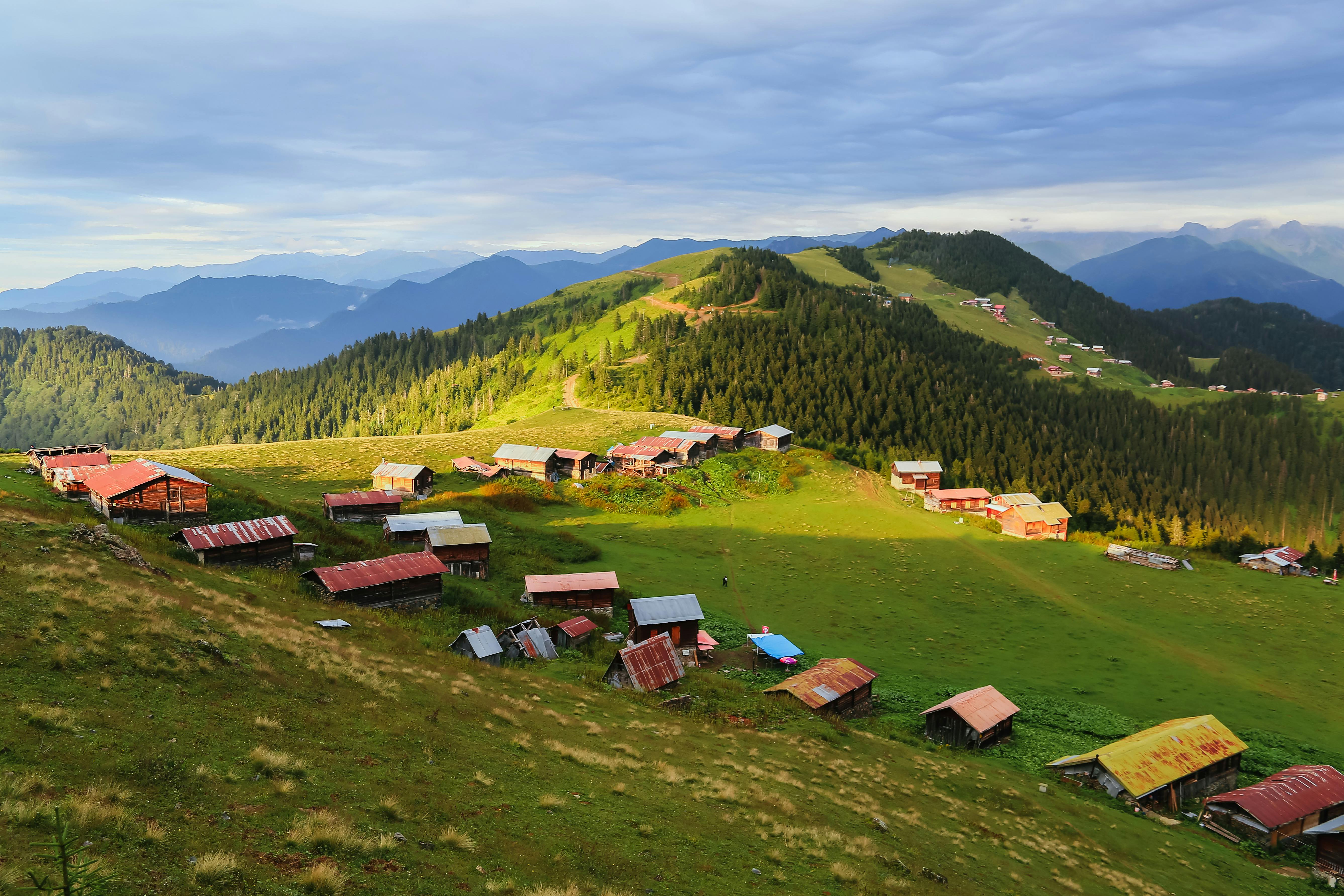 scenic mountain village with rolling hills