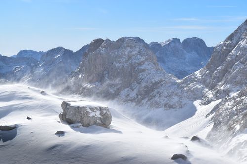 Free Snowy mountain peaks in Bogë, Albania, showcasing breathtaking winter scenery and natural beauty. Stock Photo