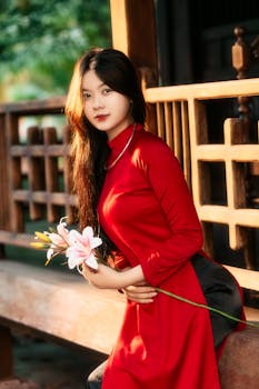 Elegant young woman in a traditional red dress holding lilies, sitting on a wooden bench in natural light.