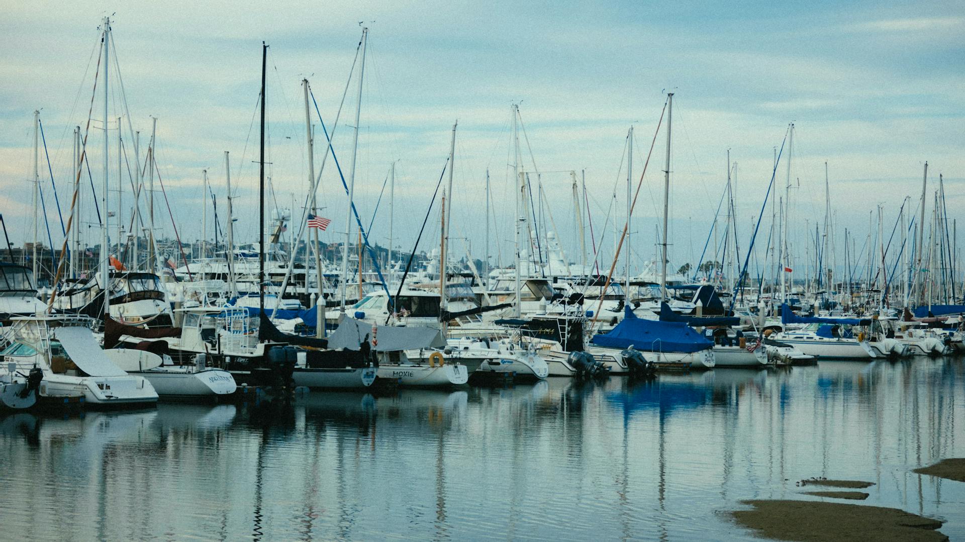 Tranquil marina showcasing a variety of yachts and sailboats docked, reflecting on the calm water under a serene sky.