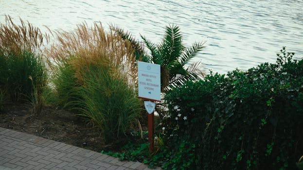 河岸附近的路标，四周环绕着郁郁葱葱的绿化和观赏草