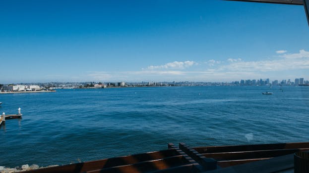 晴朗的日子里，城市天际线的全景横跨海洋