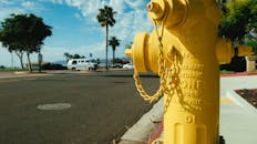 阳光明媚的城市街道上，一个充满活力的黄色消防栓立在棕榈树旁