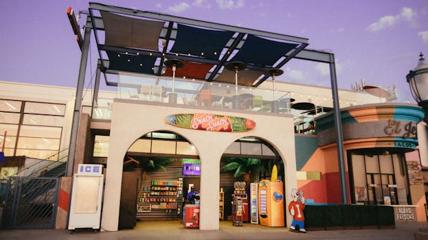 城市环境中，色彩缤纷的小吃小屋拥有充满活力的现代建筑