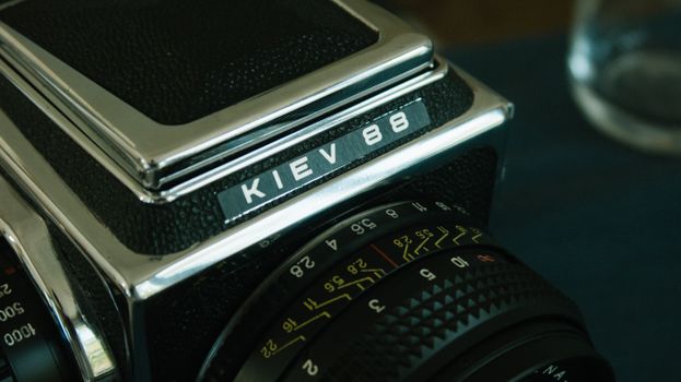 Detailed view of a vintage Kiev 88 film camera highlighting its classic design.
