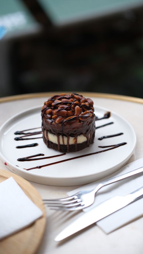 Free Indulgent chocolate dessert with nuts drizzled in sauce, perfect for gourmet plating. Stock Photo