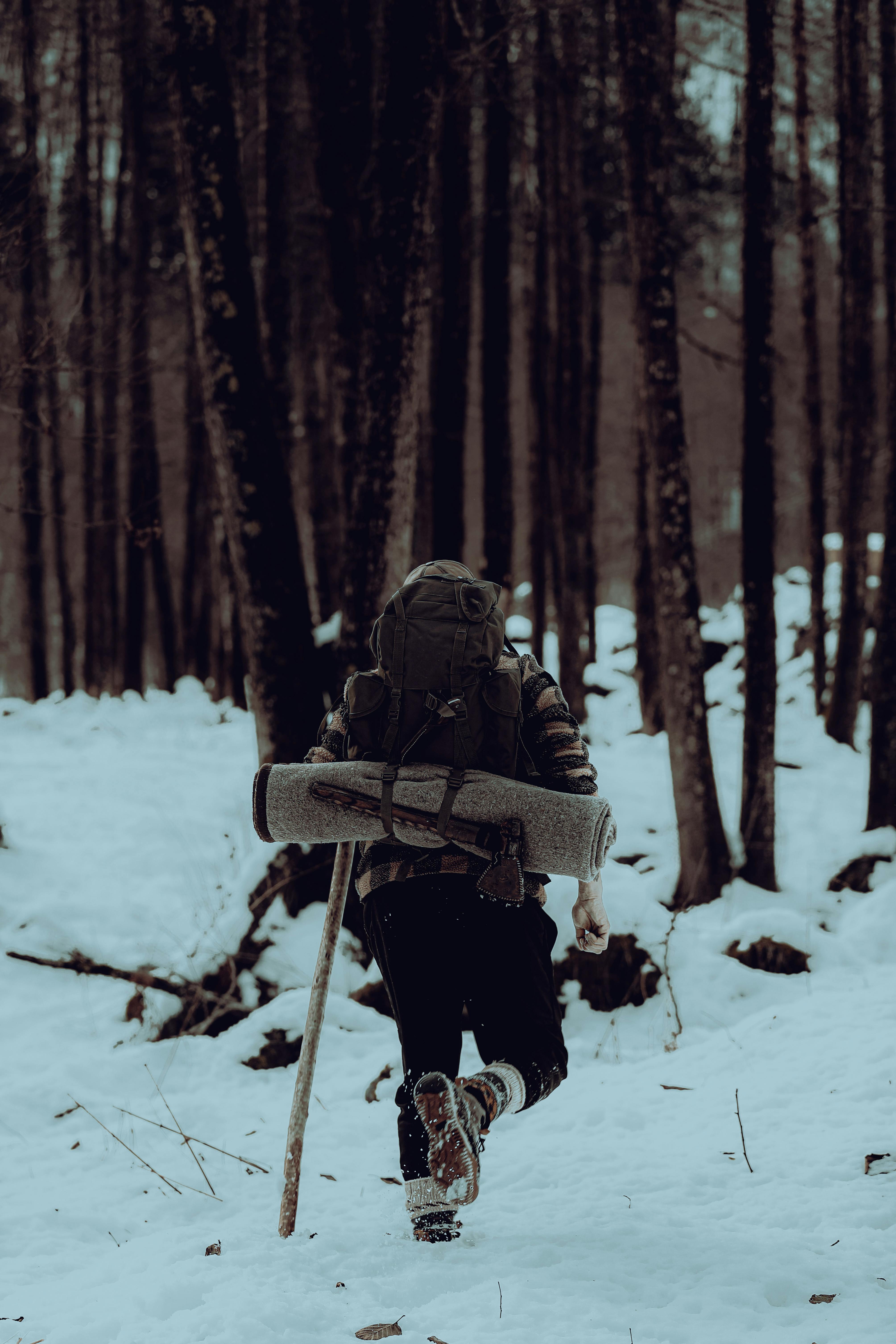 Solo hiker in snowy forest trekking with backpack and walking stick in winter.