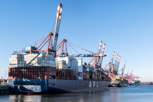 Panorama of container ships and cranes at Hamburg port on a clear day.
