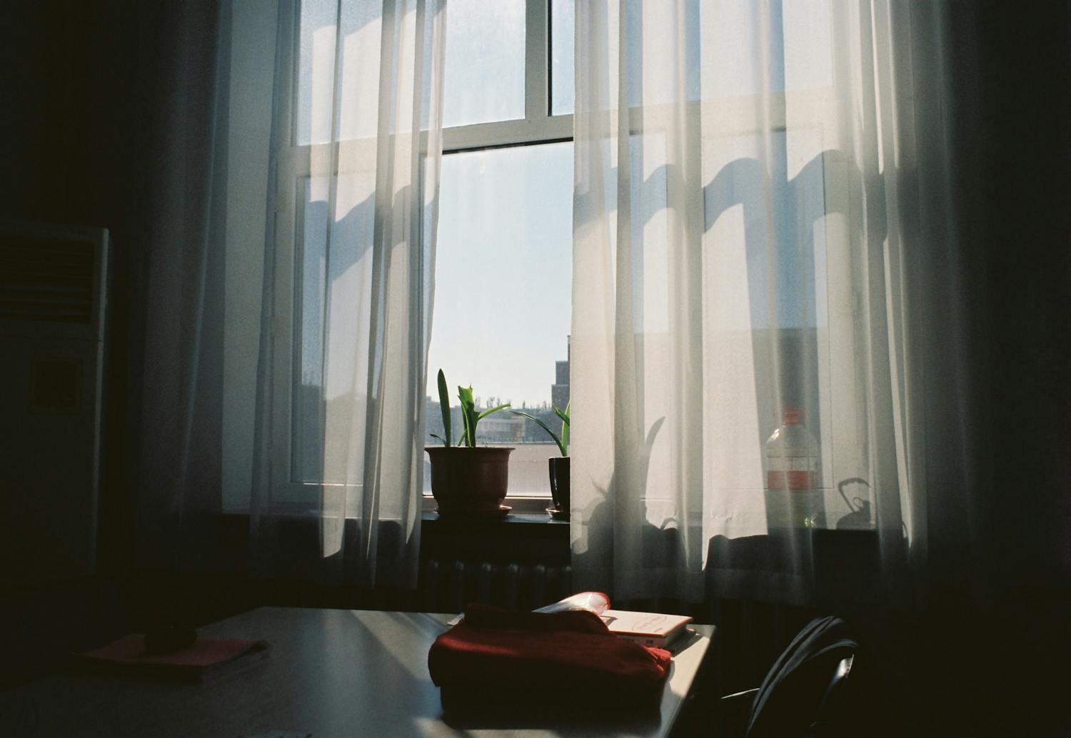 A serene interior with sunlight streaming through sheer curtains, soft shadows cast