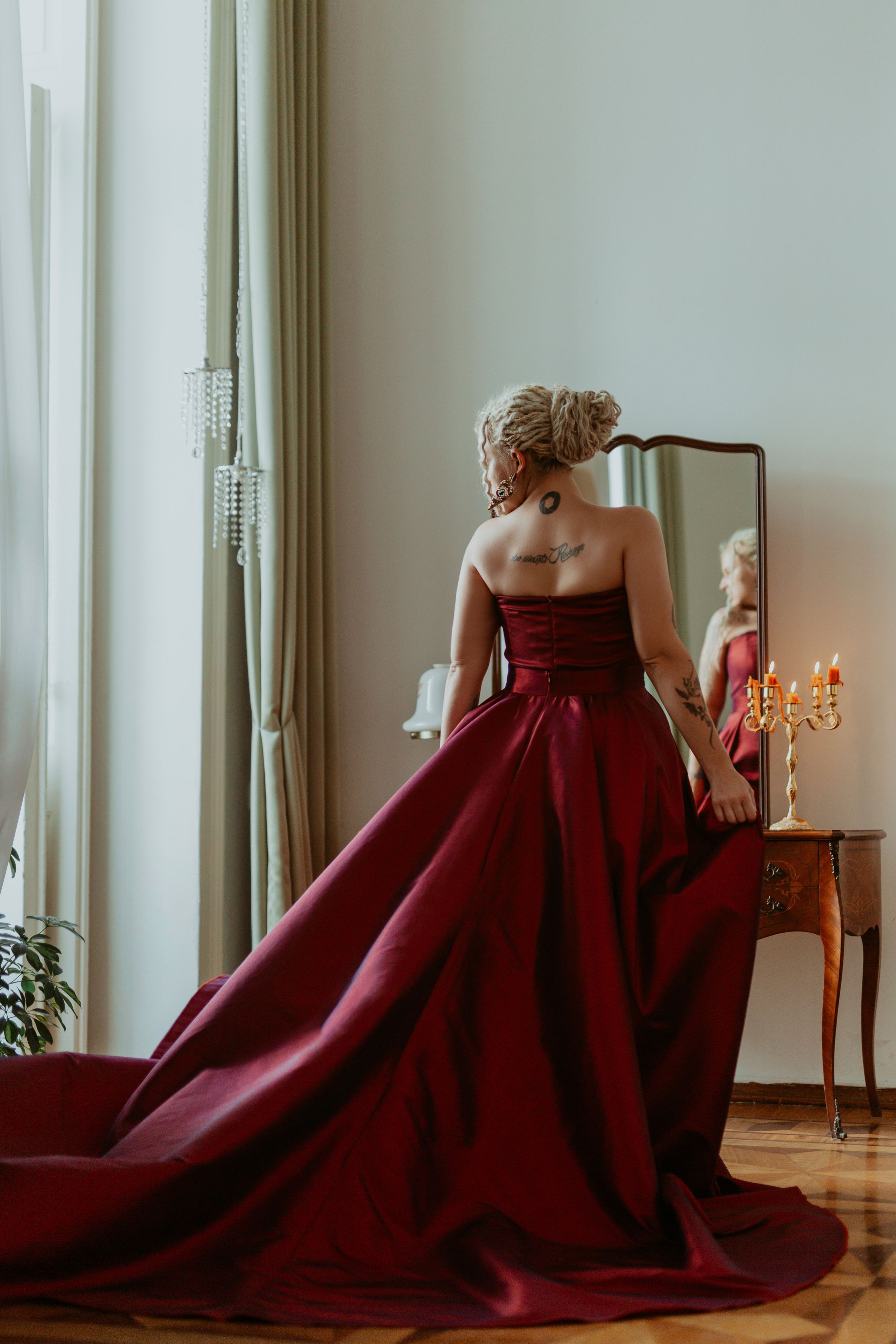 Burgundy fit-and-flare dress, elegant Sunday style