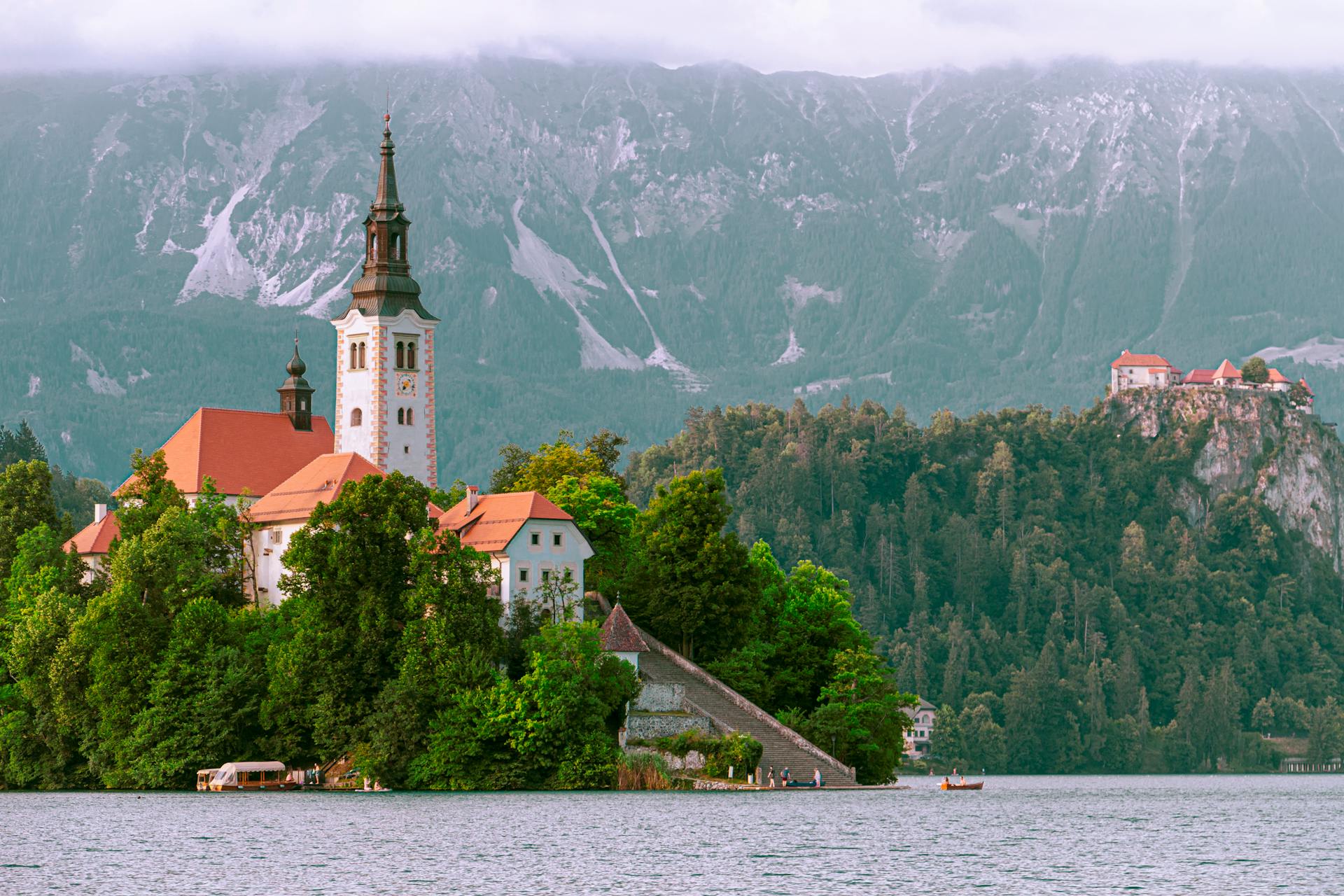 Picturesque Lake Bled with the Church of Assumption in Radovljica, Slovenia.