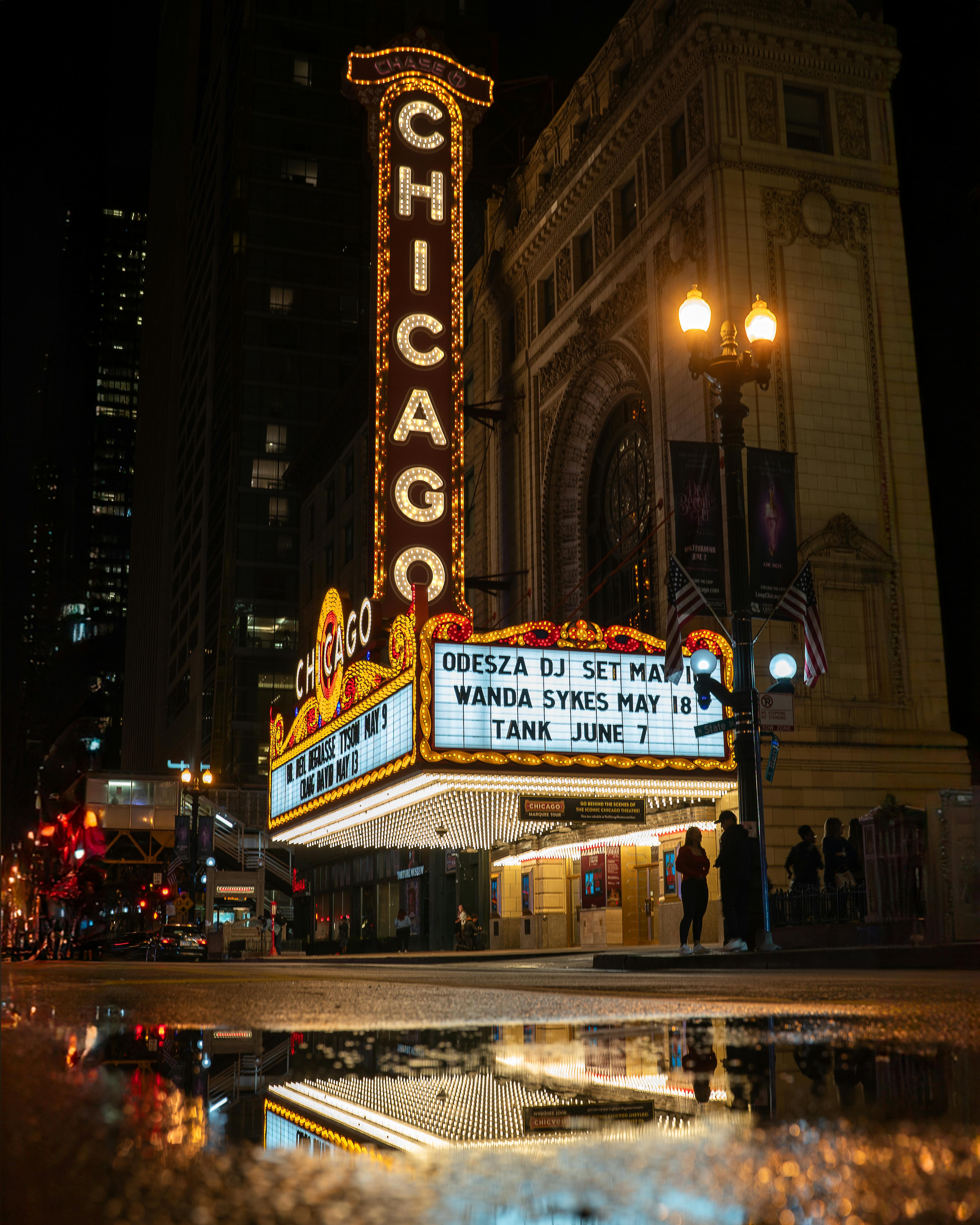 grátis Captura do icônico letreiro do Chicago Theater à noite refletido em uma rua molhada. Foto profissional