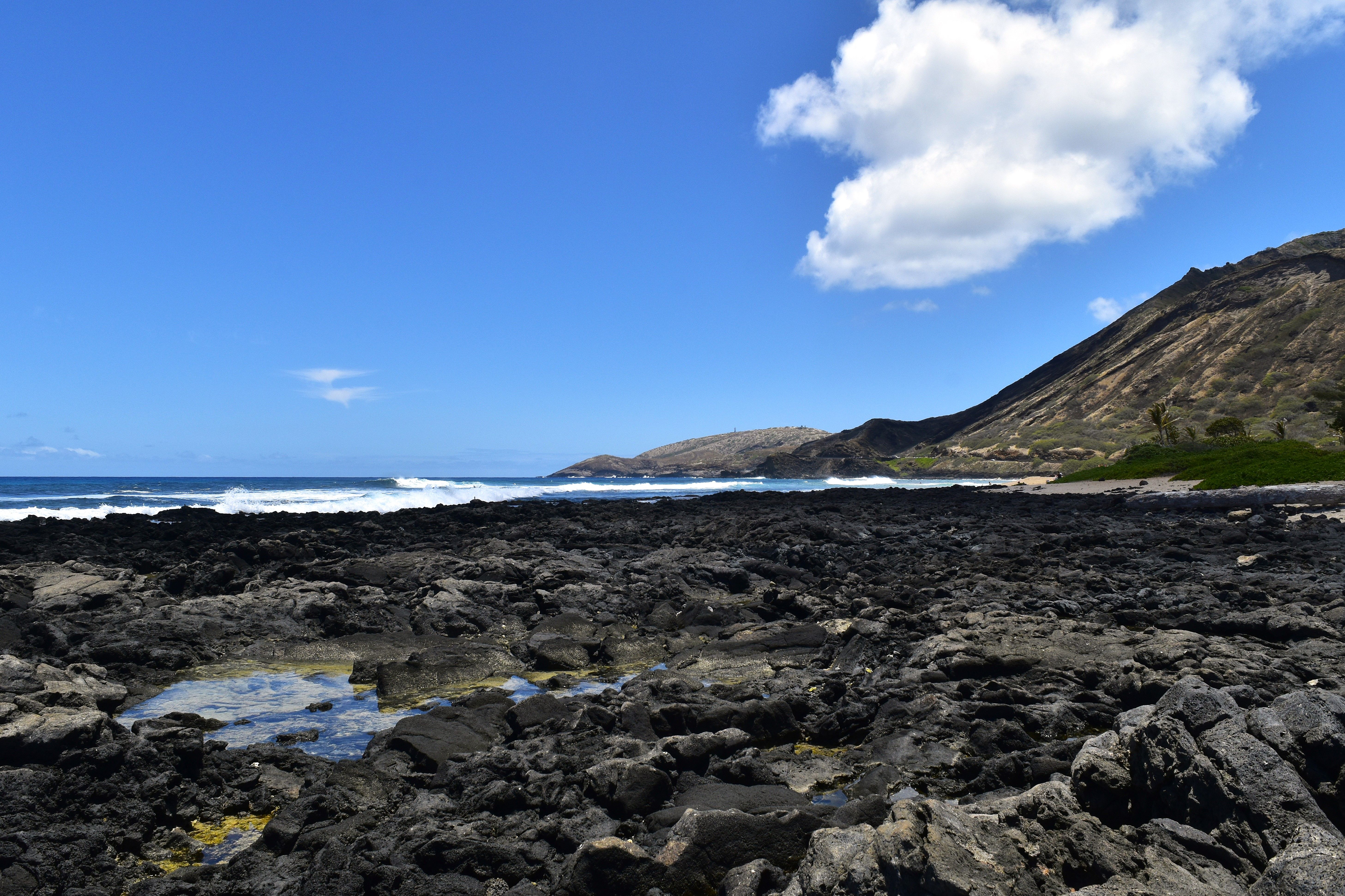 Hawaii'nin kayalık kıyısında deniz kemeri ve okyanus dalgaları
