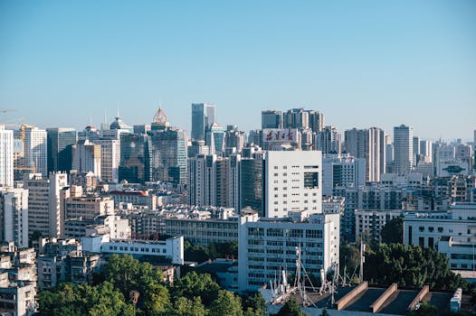 Aerial view of a bustling urban skyline with diverse architecture and high-rise buildings.