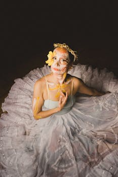 Woman in elaborate white dress with floral face paint, shot indoors from above, exuding an artistic vibe.