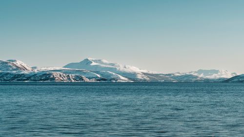 Free Scenic view of snow-covered mountains by a peaceful ocean under blue skies in Northern Norway. Stock Photo