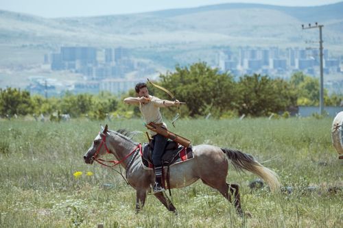 Free An archer riding a horse takes aim in the open fields of Konya, Turkey. Stock Photo