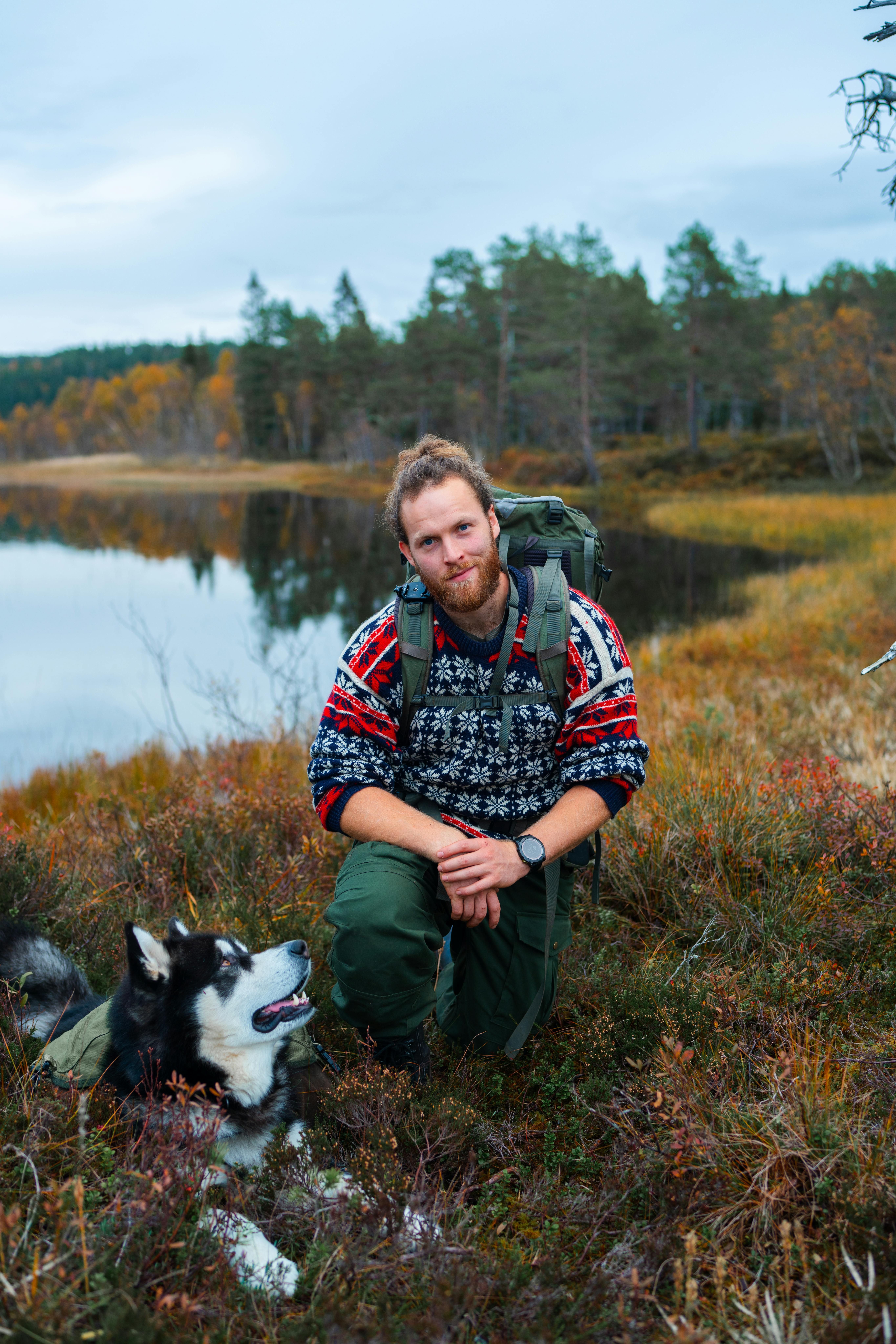 A man with a Husky enjoying a serene hike in the autumn landscape of Trøndelag, Norway.
