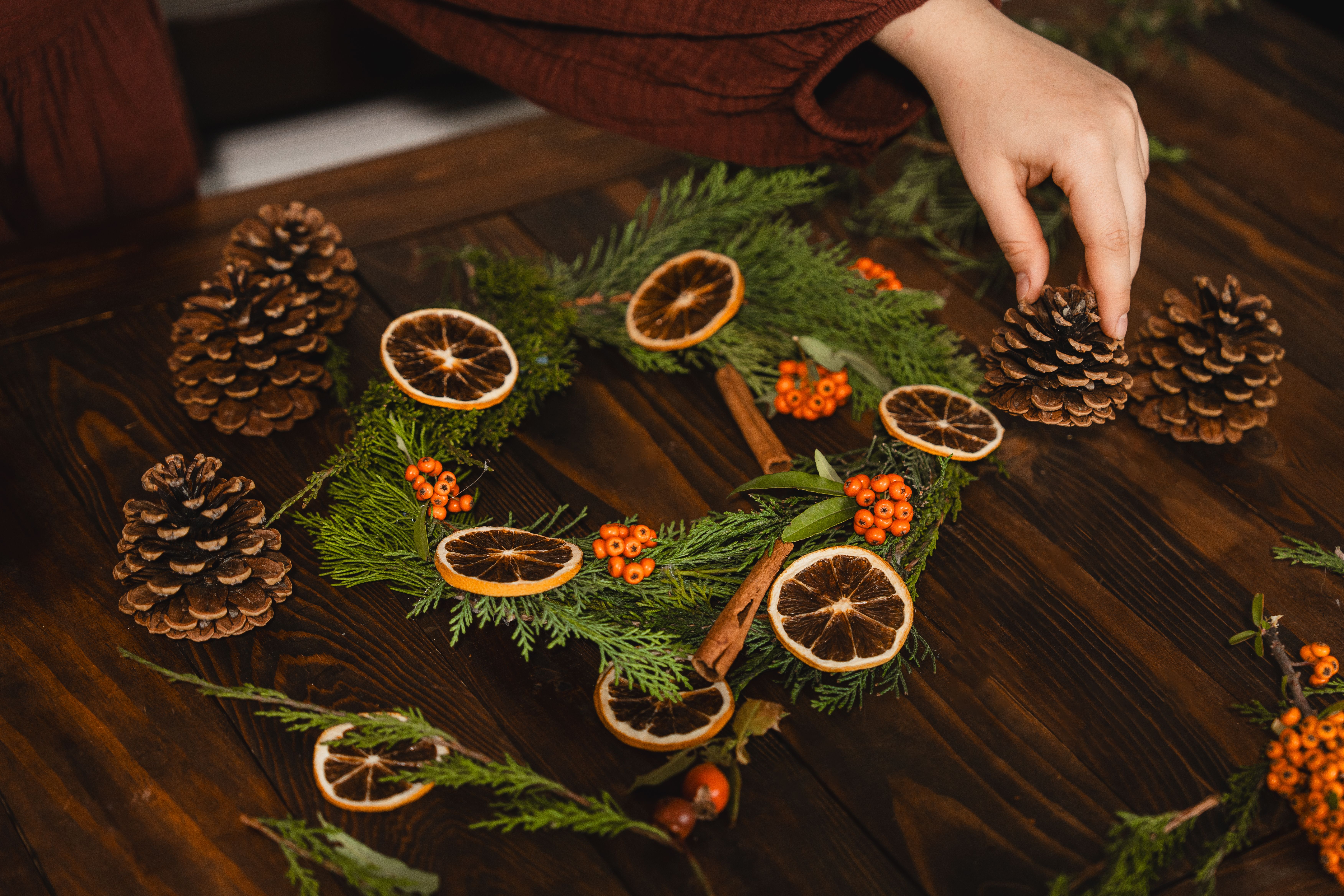 A wreath of dried botanicals and preserved flowers