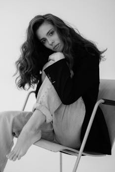 Artistic black and white portrait of a young woman in casual attire posing thoughtfully on a chair.