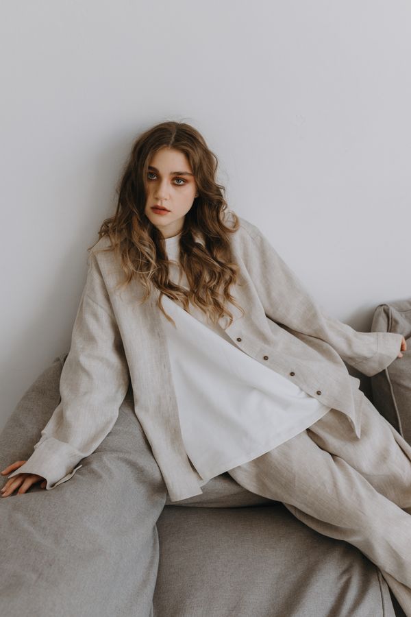 Woman in a beige matching lounge set
